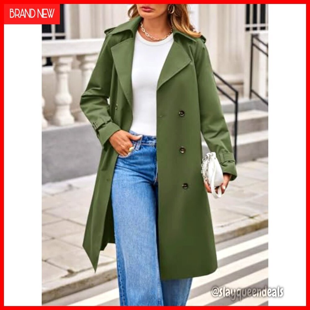 Long Trench Coat Double Breasted Notch Lapel Lightweight Oversized Windproof - Picture 2 of 6